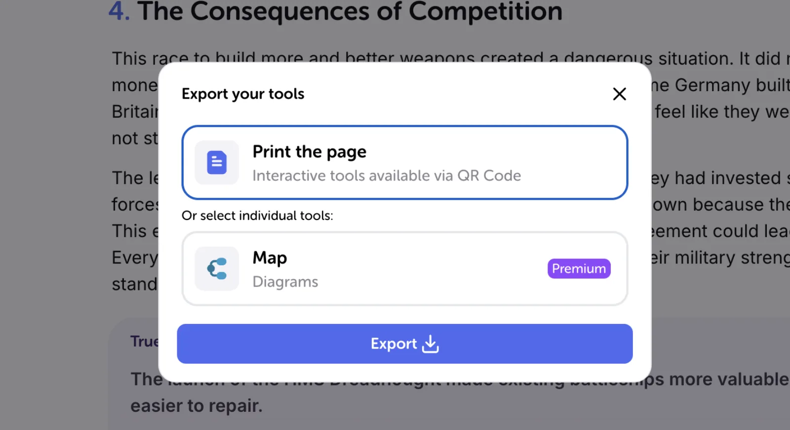 The Export your tools window in Algor, with the option to print the page or select the map, and the Export button