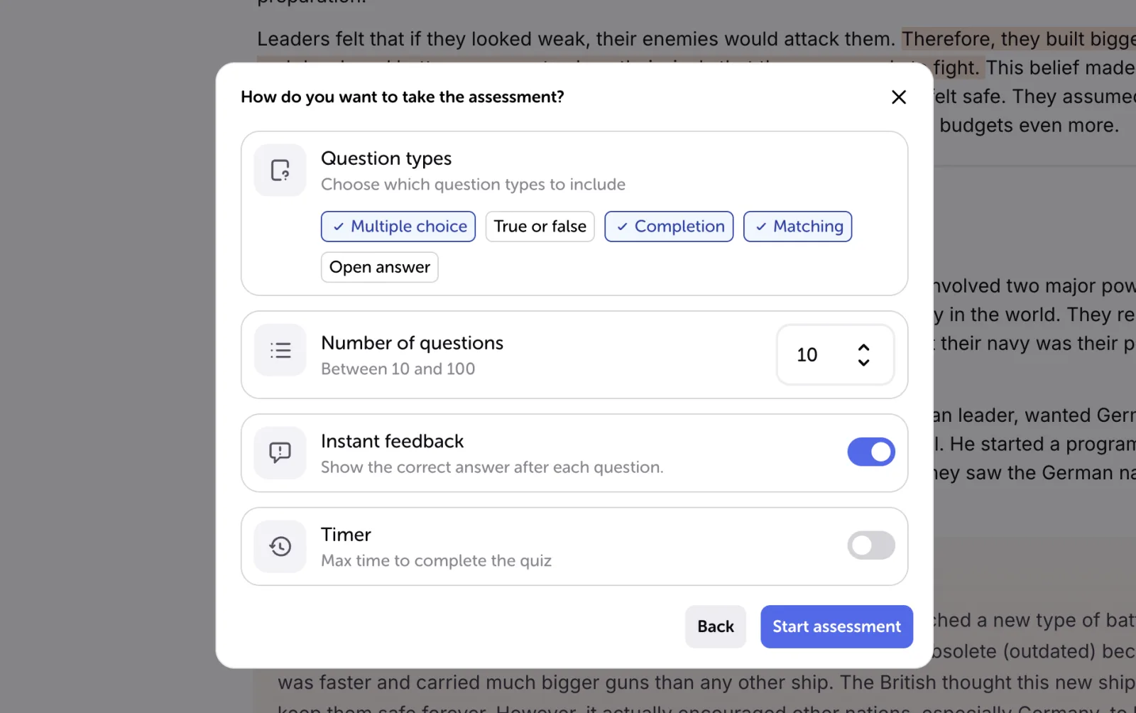 Configuração do quiz: tipos e quantidade de questões, feedback imediato e tempo. Imagem original preservada; a interface ou o exemplo pode estar em outro idioma.