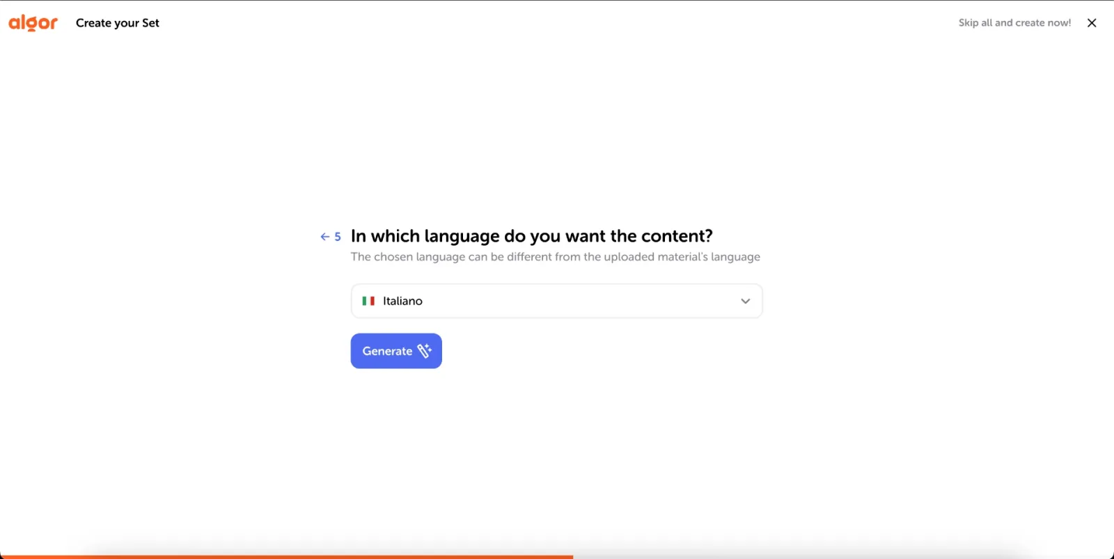 Il passaggio In che lingua vuoi il contenuto nel percorso di creazione di Algor, con il selettore della lingua e il pulsante Genera