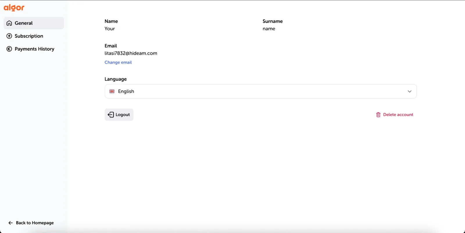 La pagina delle impostazioni dell’account di Algor con le schede Generale, Abbonamento e Storico pagamenti e il selettore della lingua