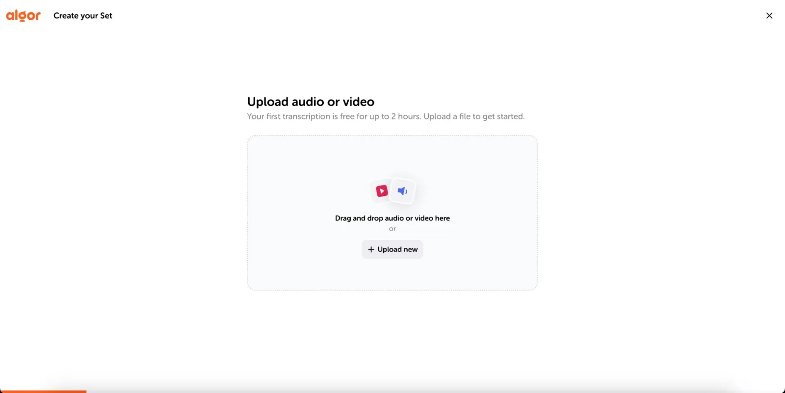 Upload-Feld für eine Audio- oder Videodatei in Algor; ursprüngliche Oberfläche.