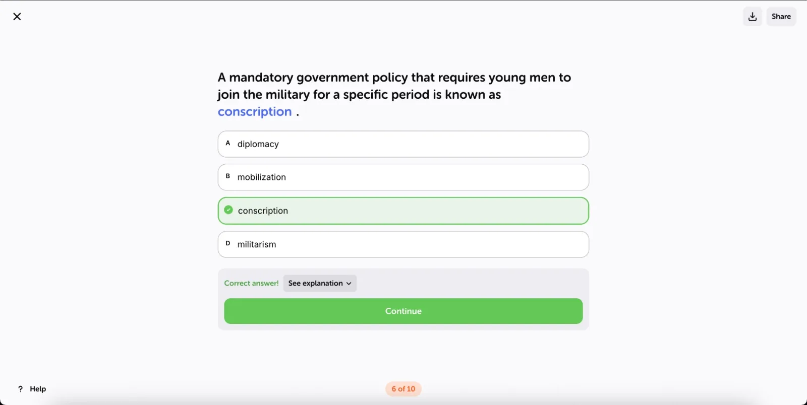 A multiple choice question in an Algor assessment answered correctly, with the option in green and the See explanation and Continue buttons