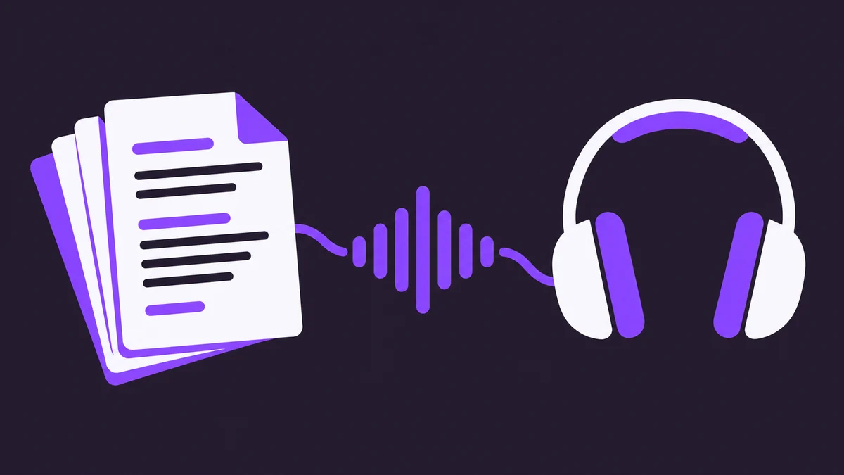 Des pages de cours reliées à un casque par une onde sonore sur fond sombre.