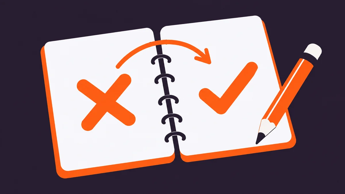 An open notebook with a cross, an arrow towards a tick and a pencil.