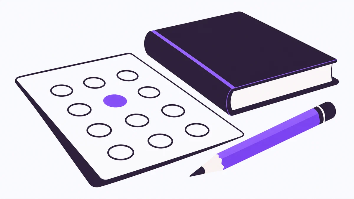 Libro, lápiz y hoja ilustrativa con opciones de respuesta para practicar.