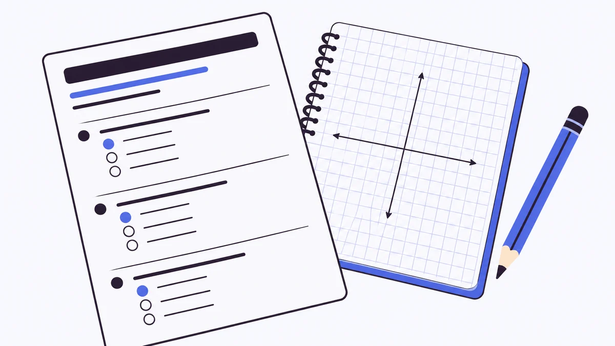 Folha de exercícios, caderno quadriculado e lápis para a preparação dos exames nacionais.