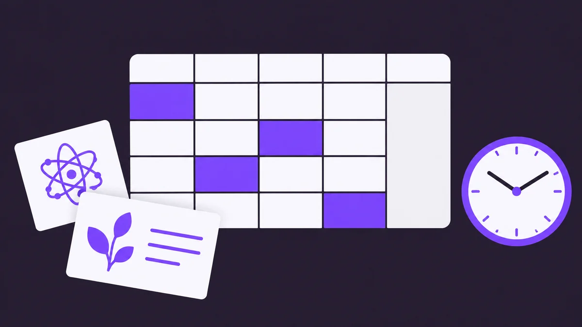 A revision grid with highlighted blocks, study cards and a clock on a dark background.