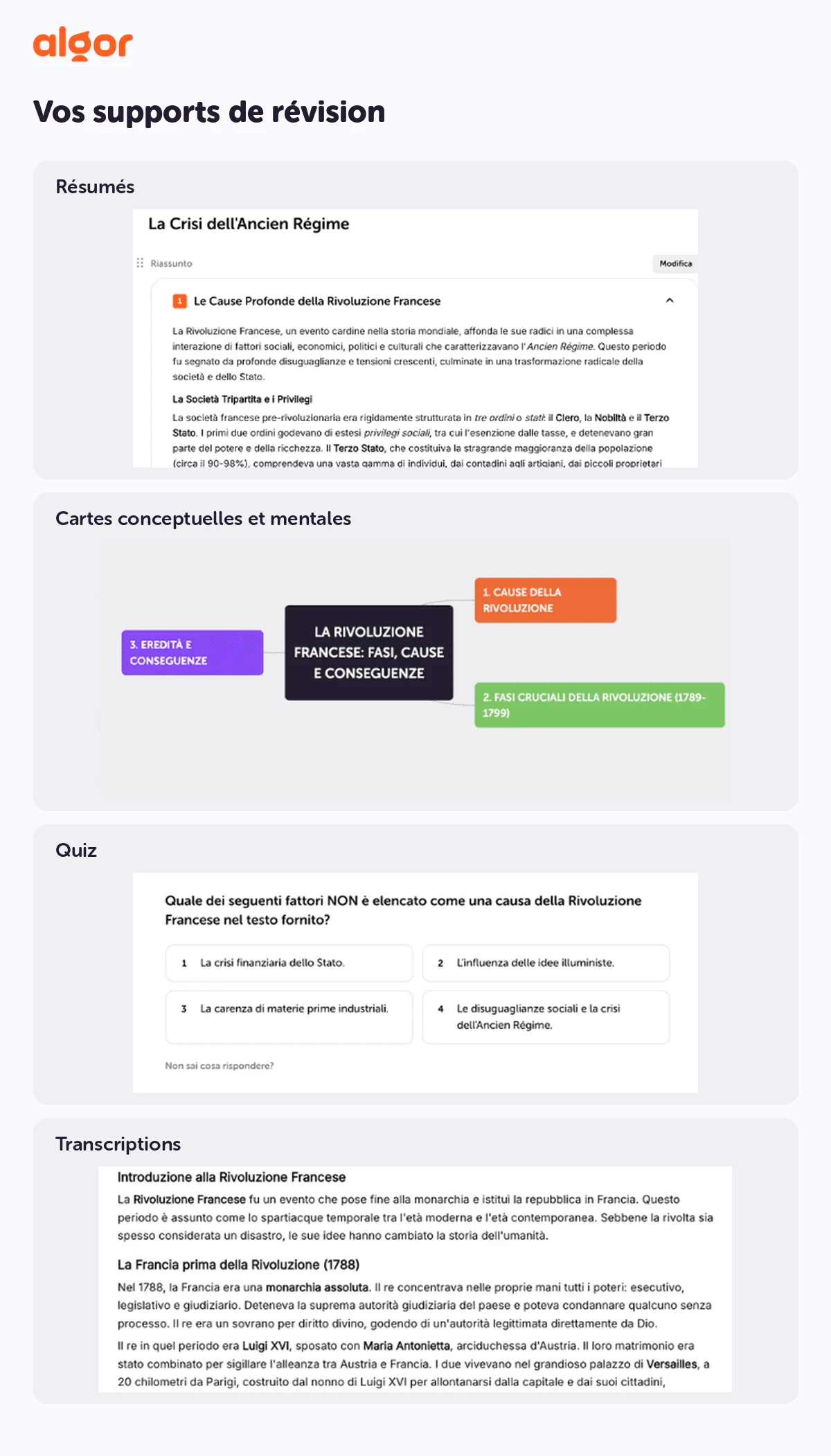 Plusieurs supports Algor : quiz, carte, résumé et transcription. Exemples originaux en italien.