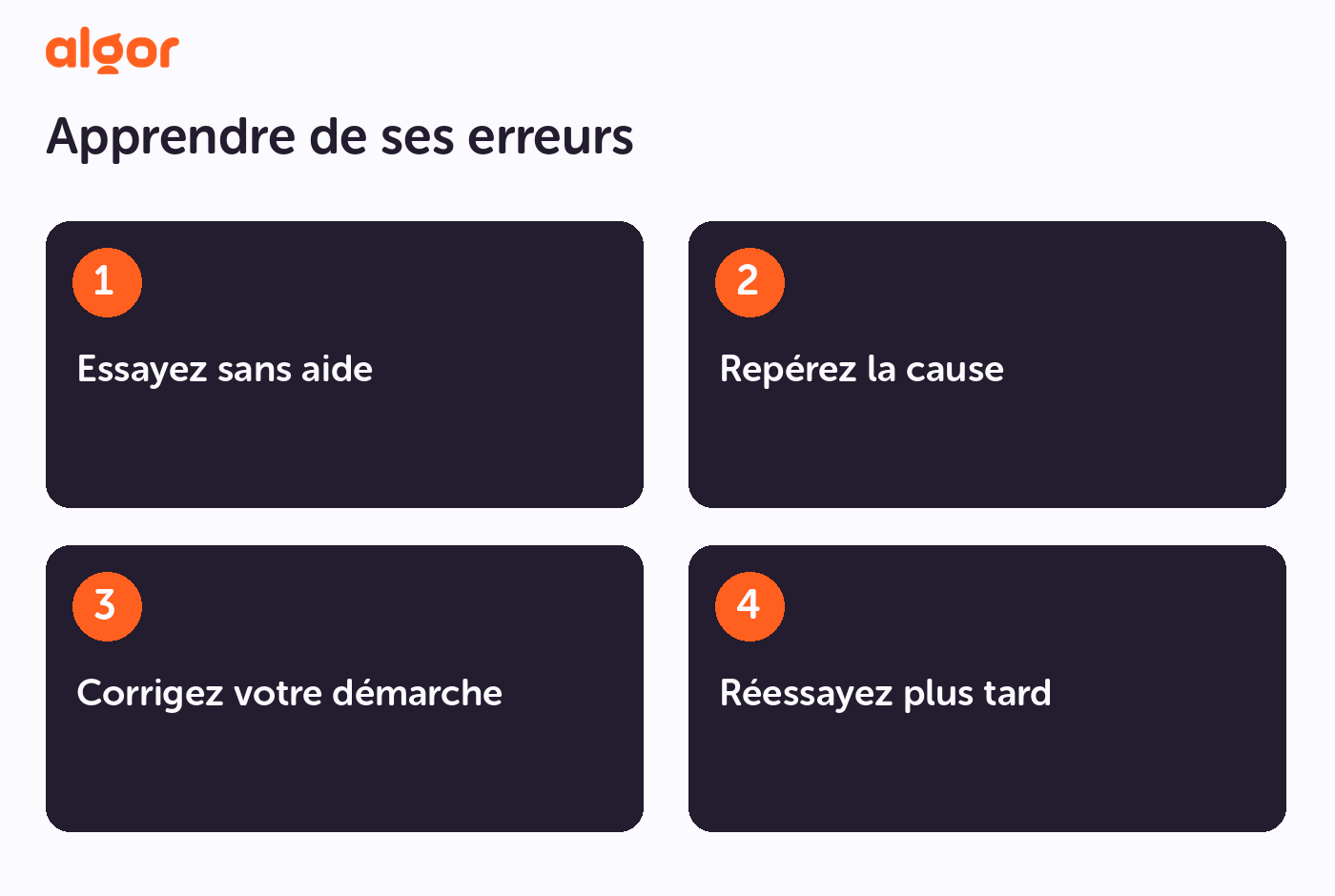 Méthode du carnet d’erreurs : essayer sans aide, identifier la cause, corriger sa démarche, réessayer plus tard.