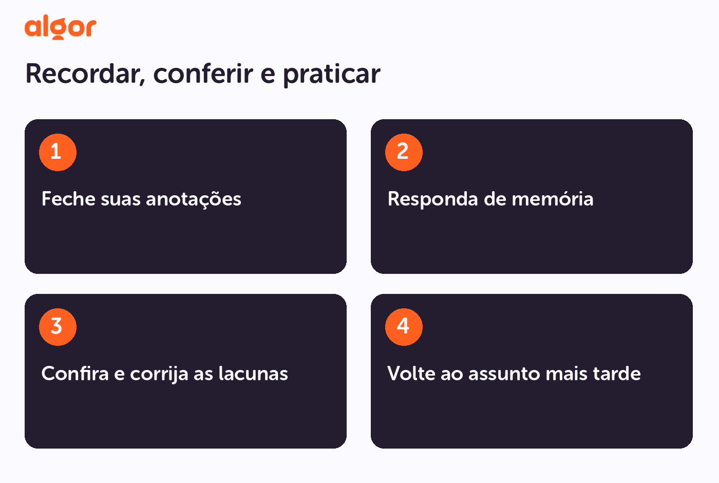 Ciclo de recuperação ativa: tente lembrar, confira a resposta, corrija e revise em outro momento.
