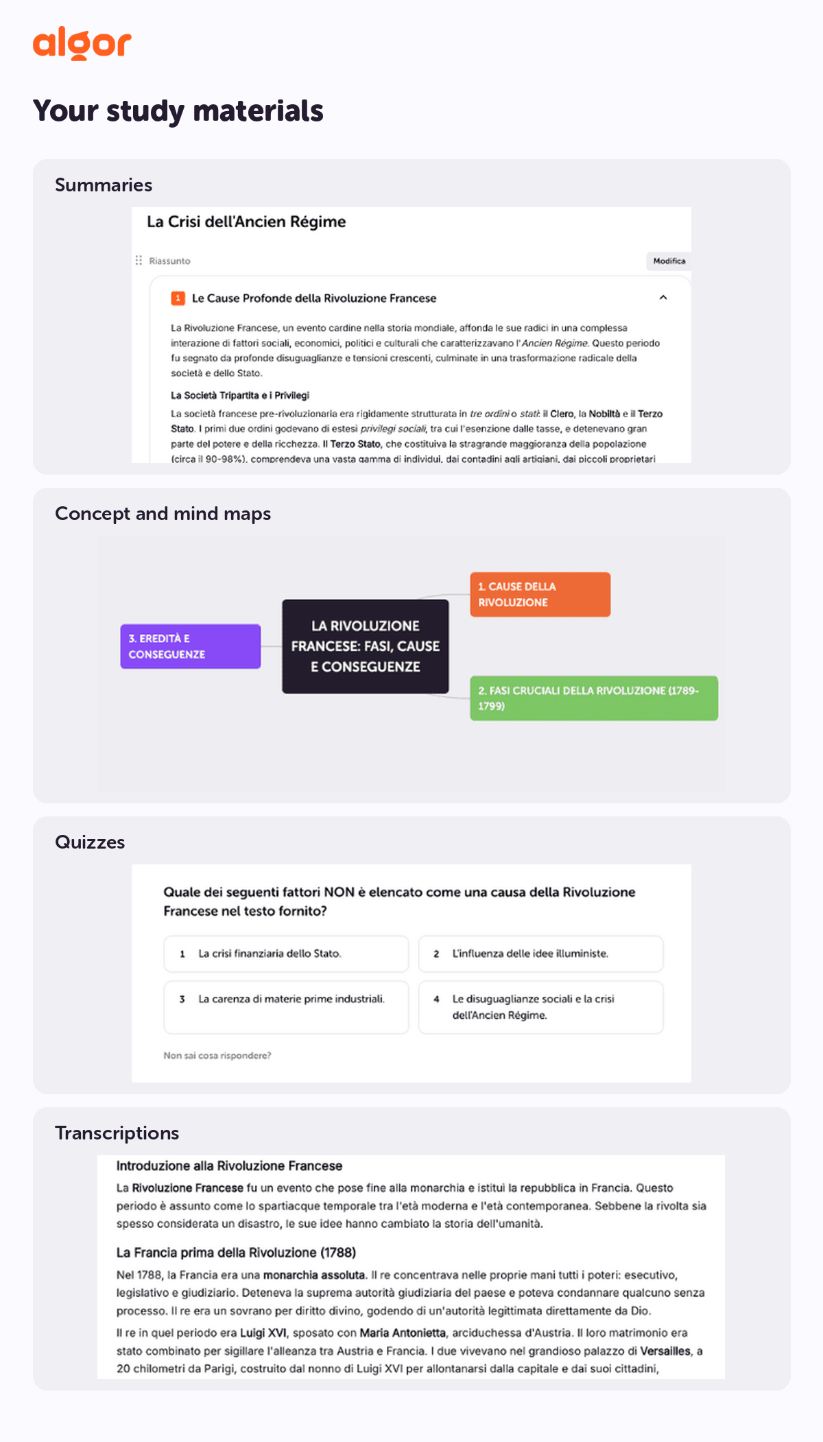 Algor study tools shown together: maps, summaries, quizzes, flashcards and transcription