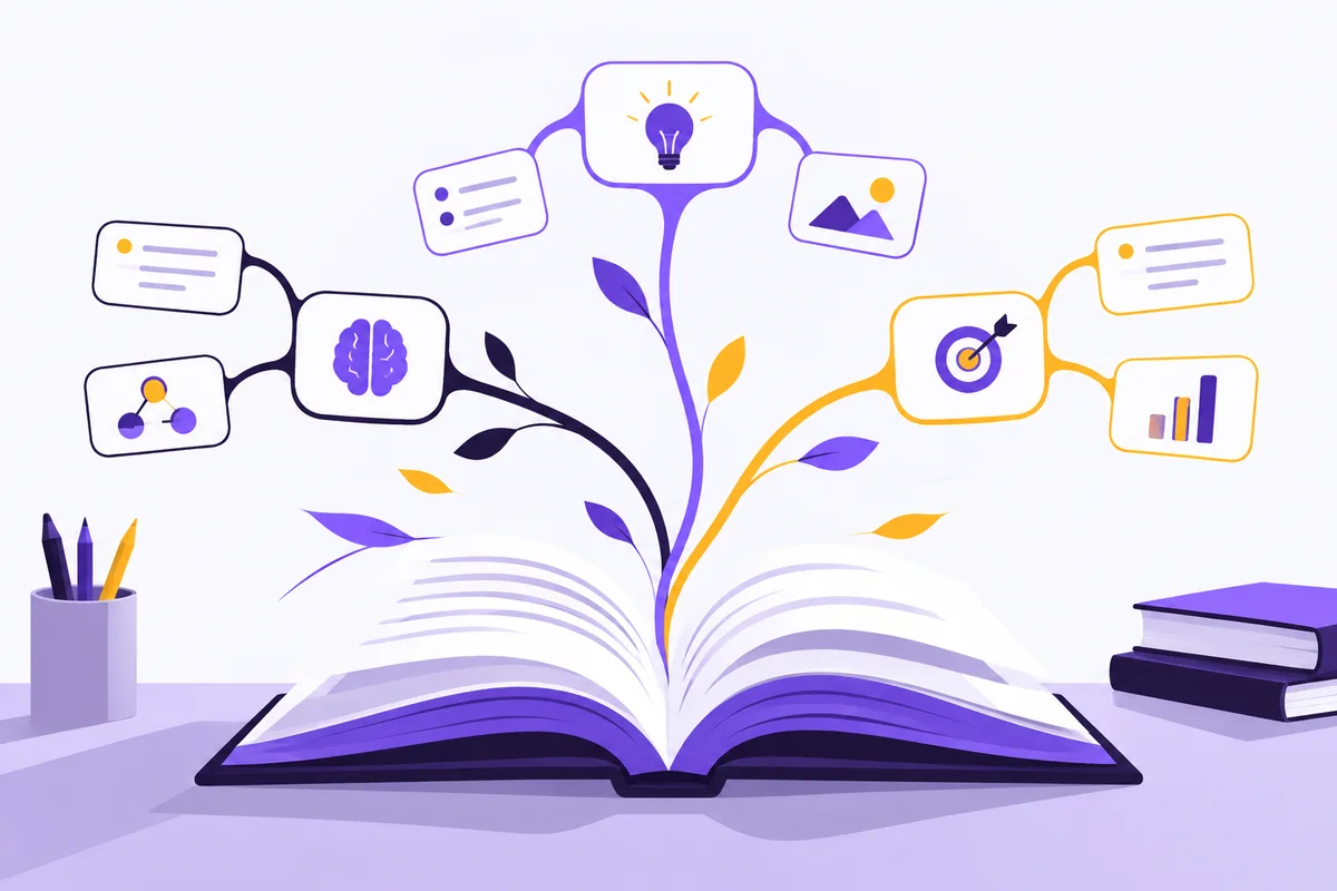 Open study book branching into a visual map and study cards for different learning routes.