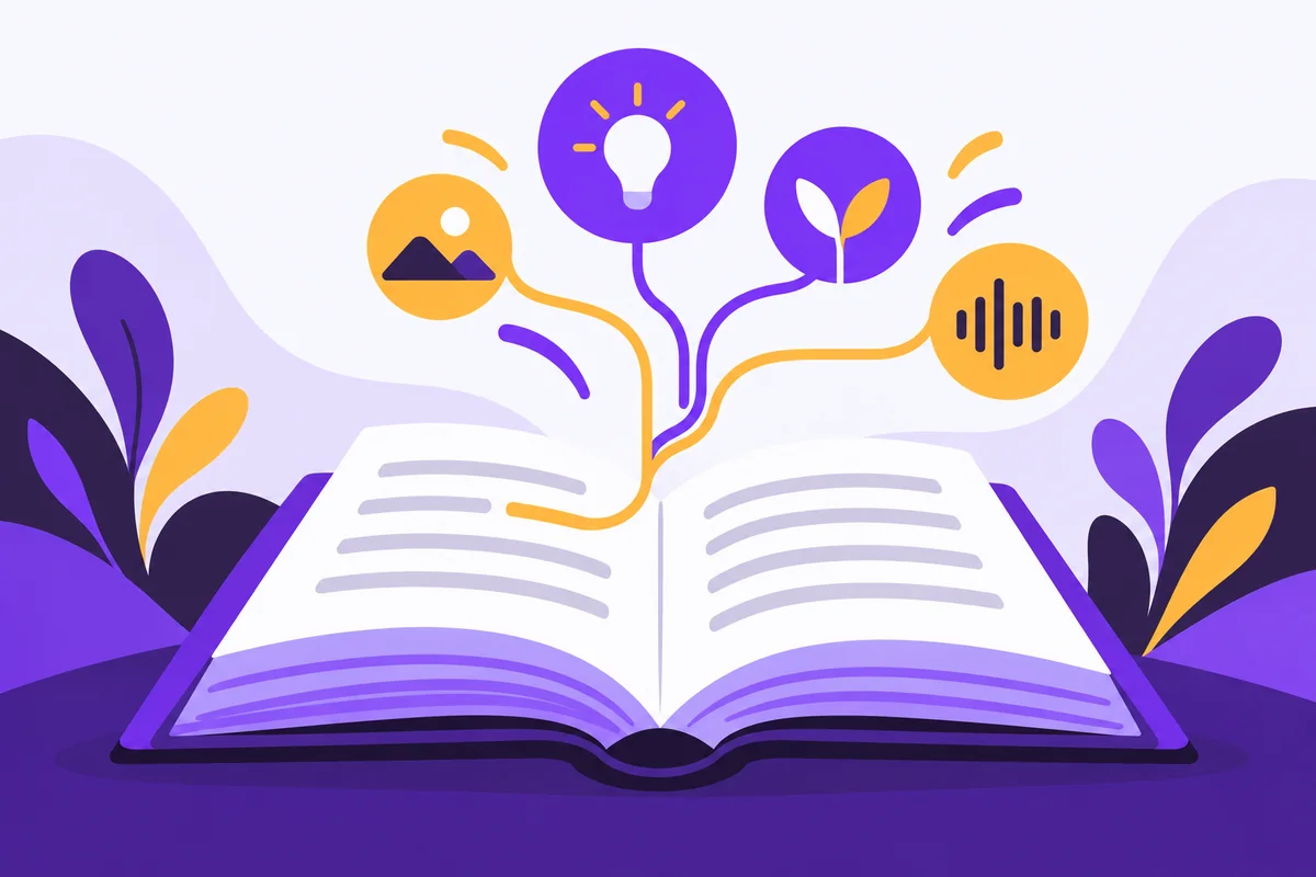 An open book connects reading, listening and a concept map in a dyslexia study illustration.