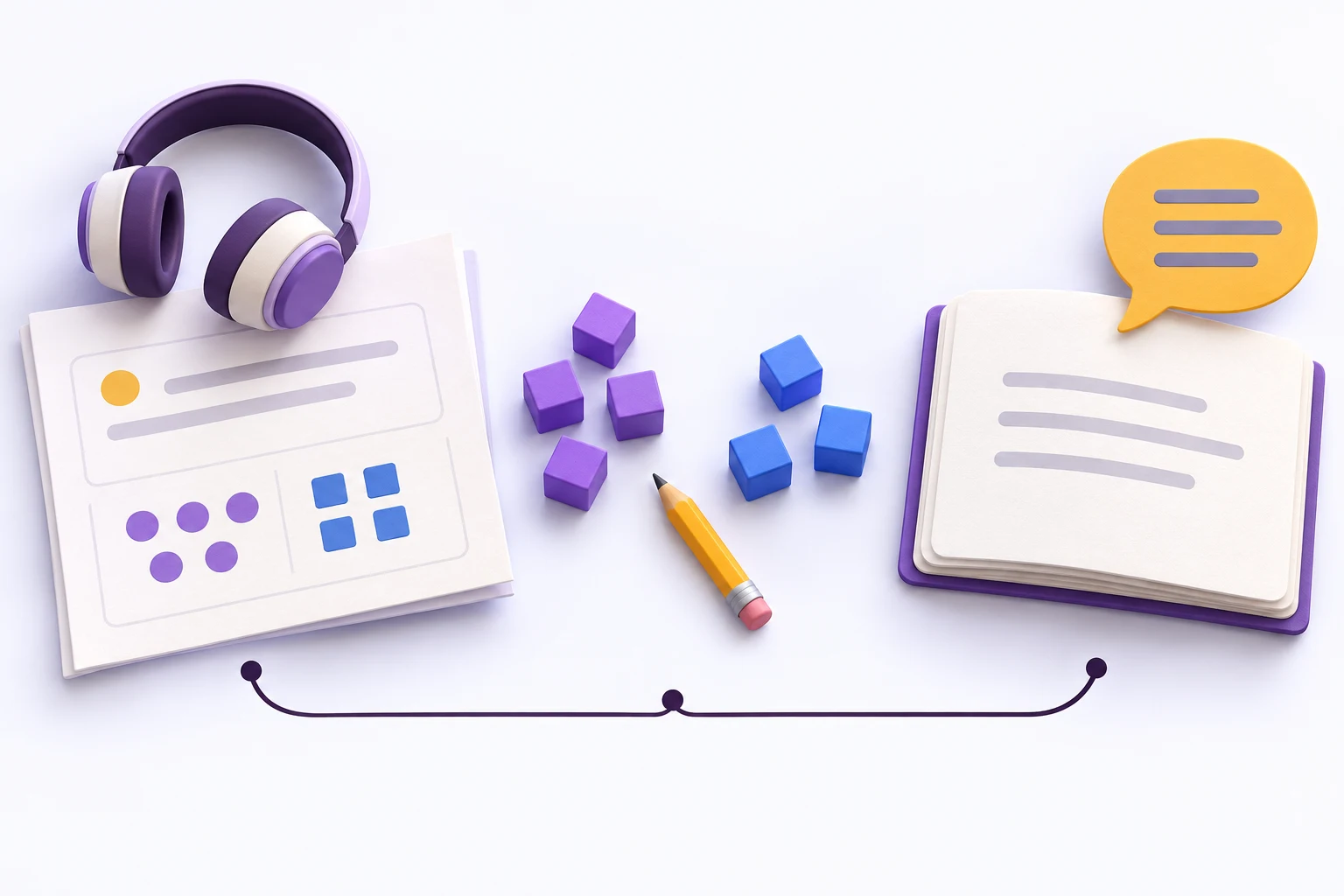 Tres apoyos: una ficha con auriculares, grupos de cubos para comparar y un cuaderno con un bocadillo de diálogo.
