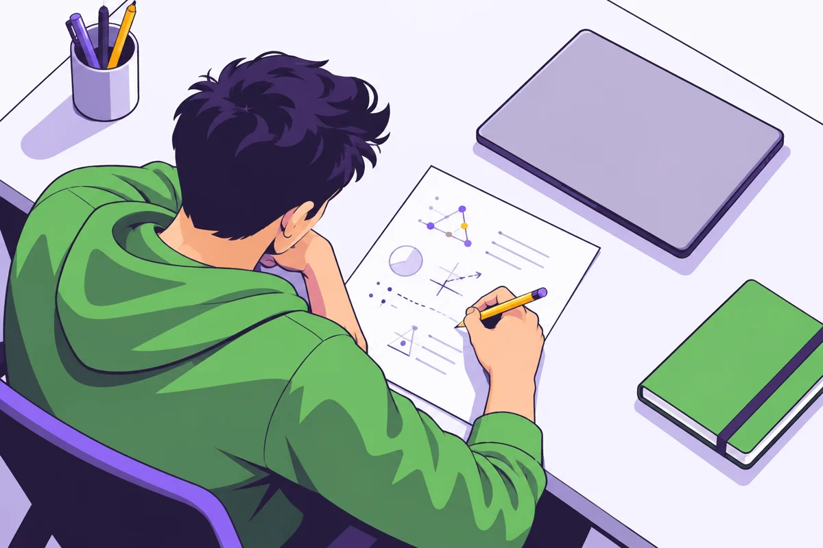 Studente universitario che scrive una soluzione su un foglio, con un computer chiuso accanto.