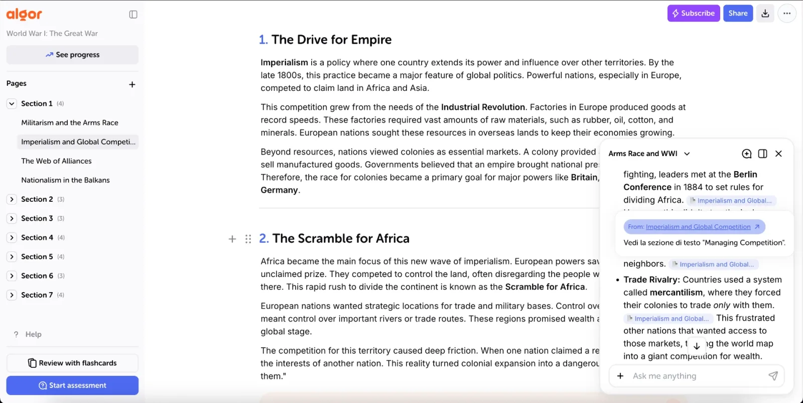 Citazione aperta nella chat Algor, con riferimento alla fonte e pulsante Open card; interfaccia inglese.