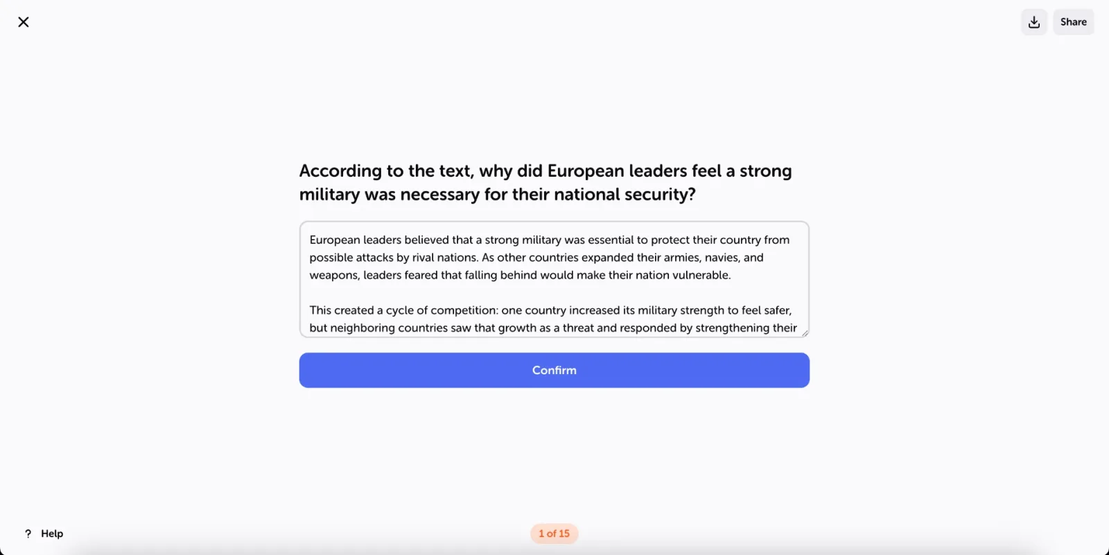 Domanda a risposta aperta in una verifica Algor, con area di testo e pulsante Confirm; interfaccia inglese.