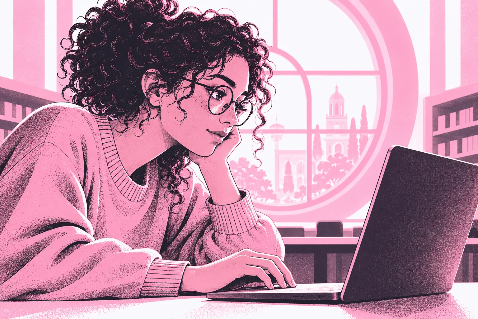 Uno studente universitario con occhiali prova uno strumento al portatile in biblioteca, in una composizione rosa e bianca.