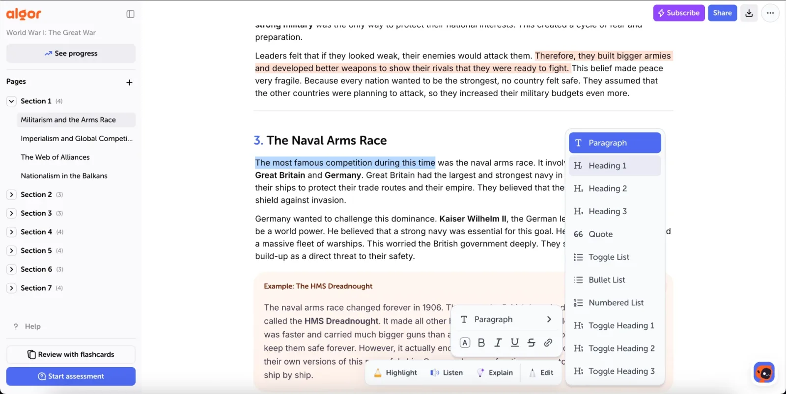Editor de texto do Algor com opções de títulos, citações e listas; interface em inglês.
