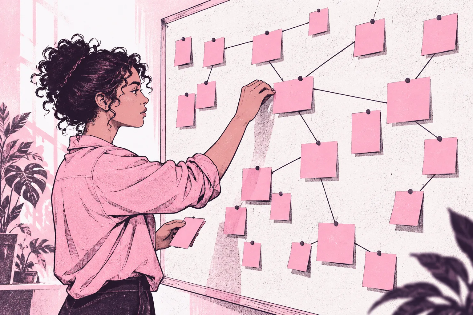 Estudante reorganizando notas conectadas em um painel para preparar a revisão de um concurso.
