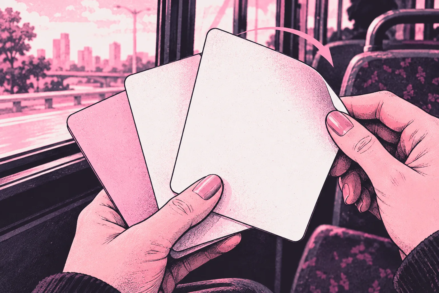 Mãos virando cartões de estudo durante uma viagem de ônibus, com a cidade ao fundo.