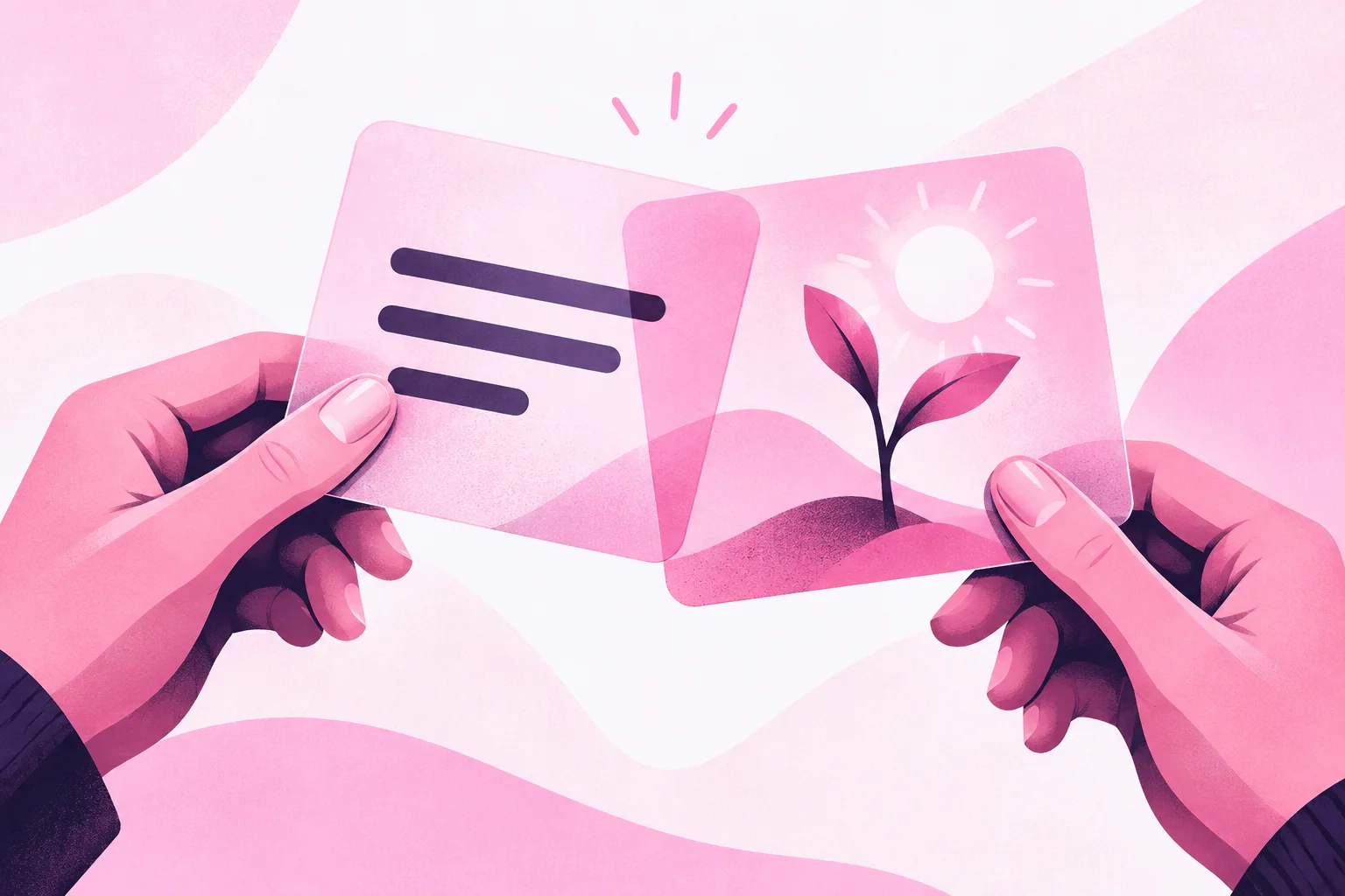 Two hands overlap a card with text lines and a card showing a sunlit plant, pairing words and images about one concept.
