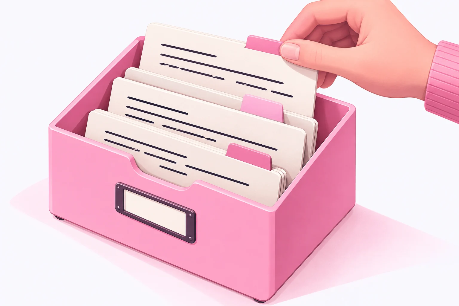Une main range une fiche de lecture dans un petit fichier rose contenant des fiches à onglets.