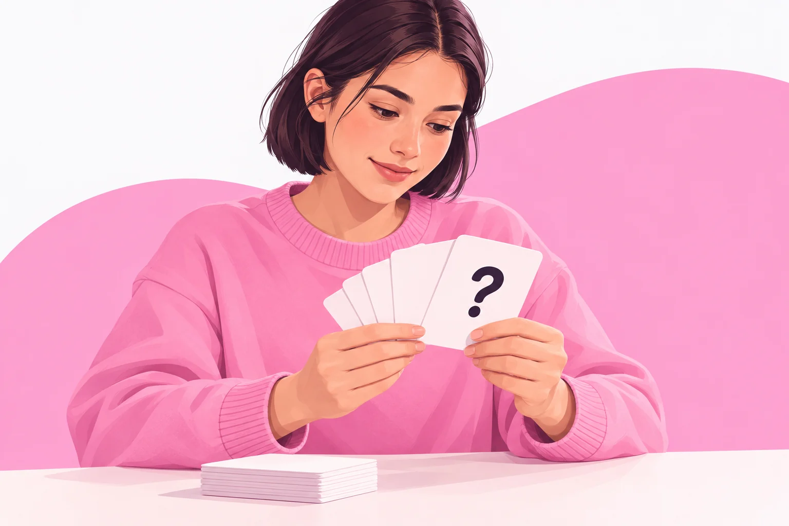 Une étudiante révise avec des flashcards, dont une carte portant un point d’interrogation.