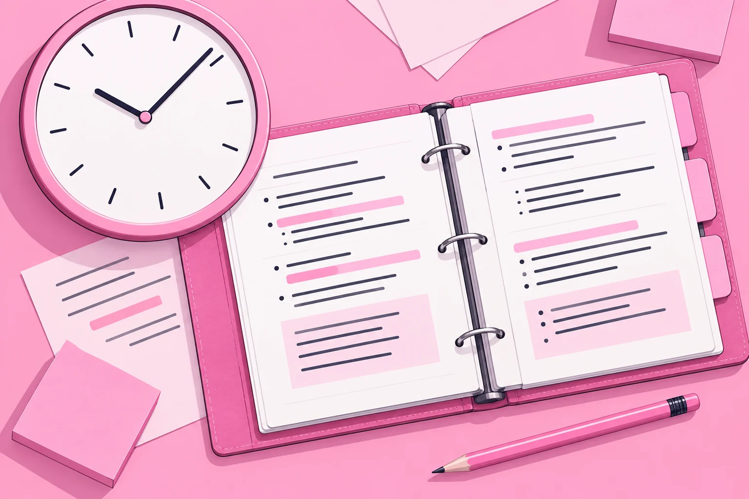 An open binder of tabbed course notes beside a clock and pencil, viewed from above.