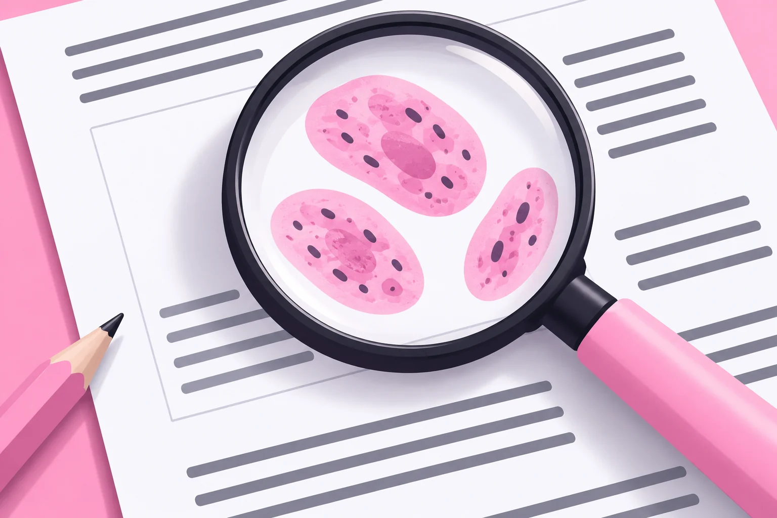 A magnifying glass enlarges an abstract illustration on a research paper.