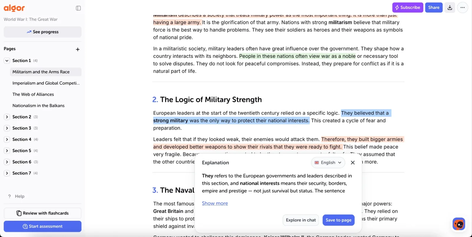 An English Algor Set with a history passage selected and the Explanation panel open.