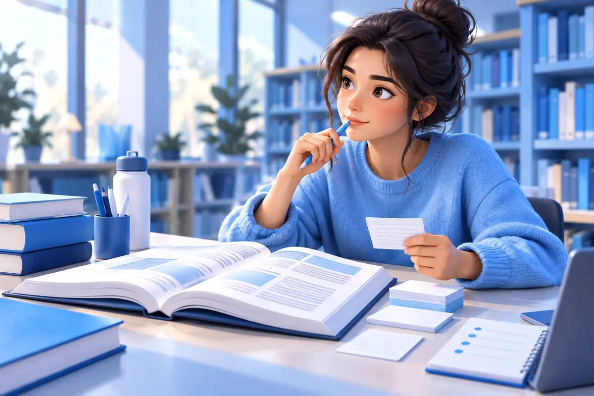 Una studentessa riflette davanti a un libro aperto usando schede con domande per la lettura attiva.