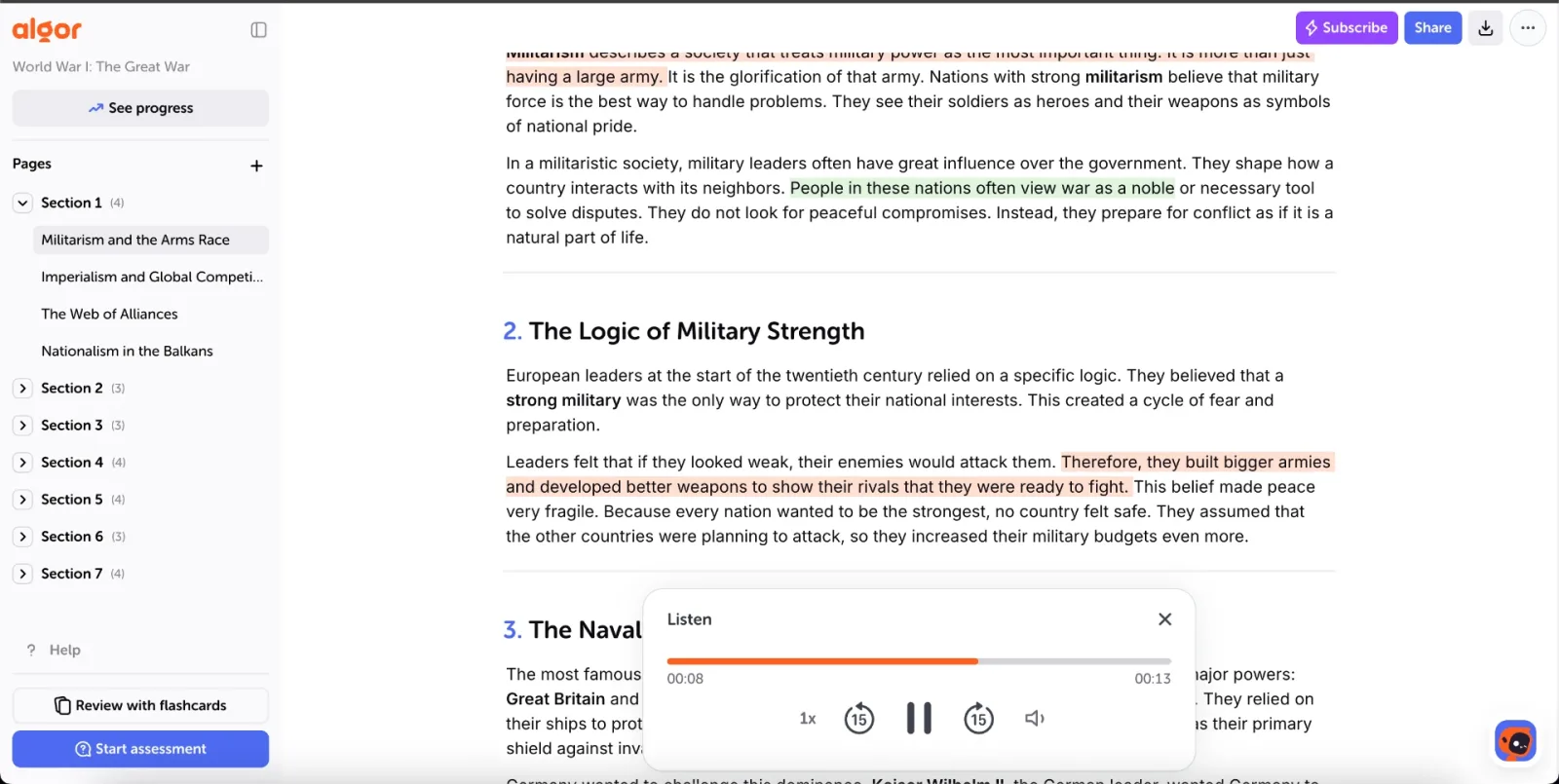 Comandi di sintesi vocale su una pagina di un Set Algor, con interfaccia in inglese.