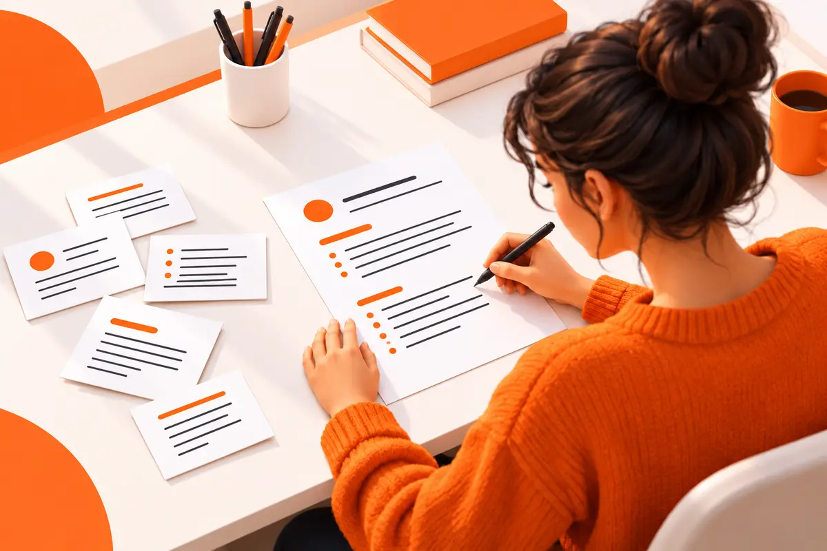 A student condenses several study cards into one clear A4 revision sheet at an orange and white desk.