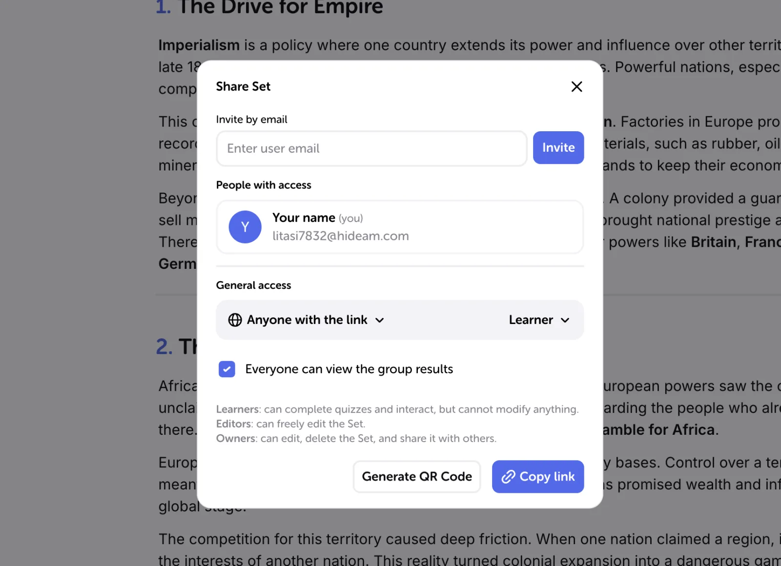 Fenêtre authentique de partage d’un Set Algor avec invitation par e-mail, rôles, lien, QR code et visibilité des résultats du groupe.