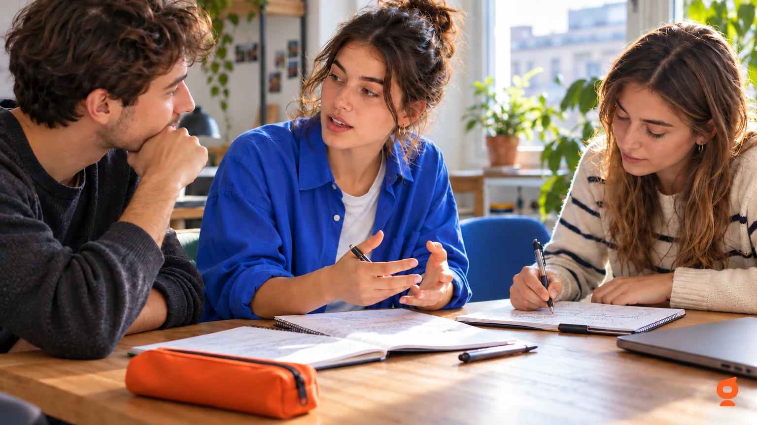Trois étudiants échangent sur leurs cours autour d’une table près d’une fenêtre.