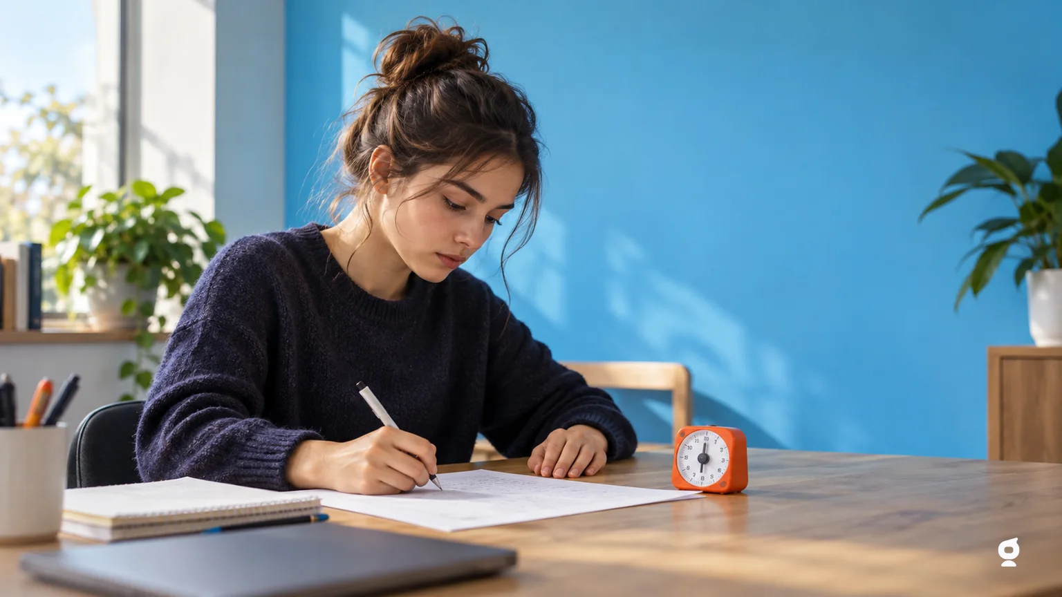 Studentessa universitaria svolge una simulazione a tempo su una scrivania, con parete azzurra, timer arancione e simbolo Algor originale bianco.