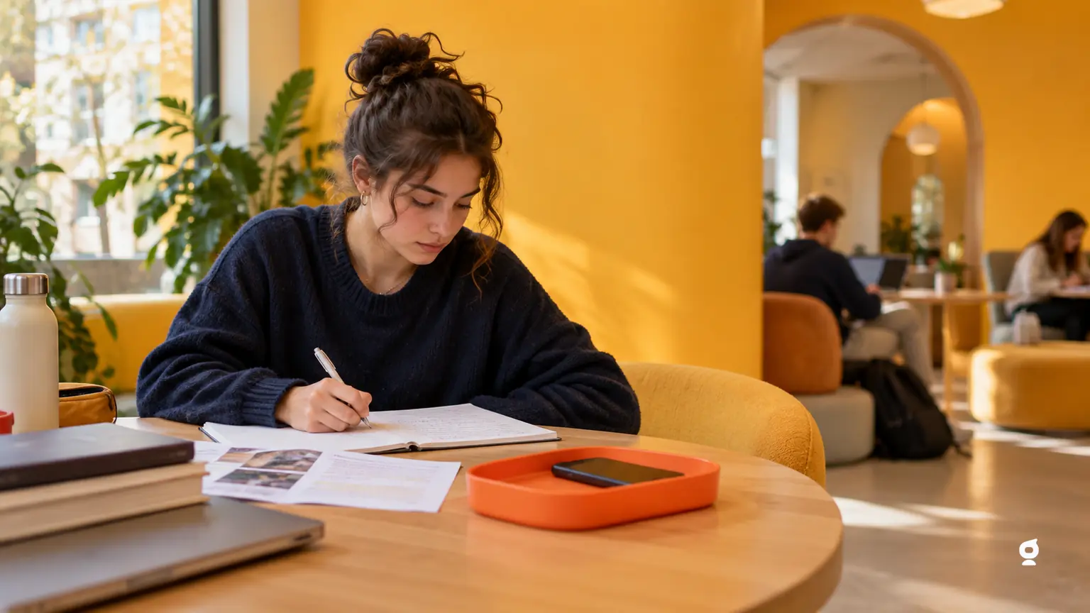 University student placing a phone in an orange tray and beginning a five-minute study task in a yellow European campus lounge, with the original white Algor symbol.
