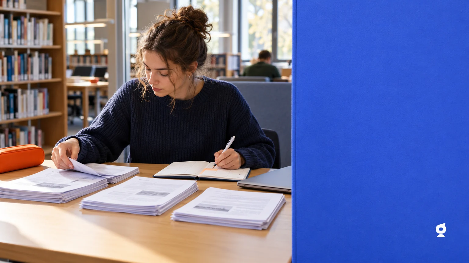 Studentin ordnet Lernrückstände zu einem Wochenplan in einer blauen Bibliothek, mit orangefarbenem Mäppchen und weißem Originalsymbol von Algor.