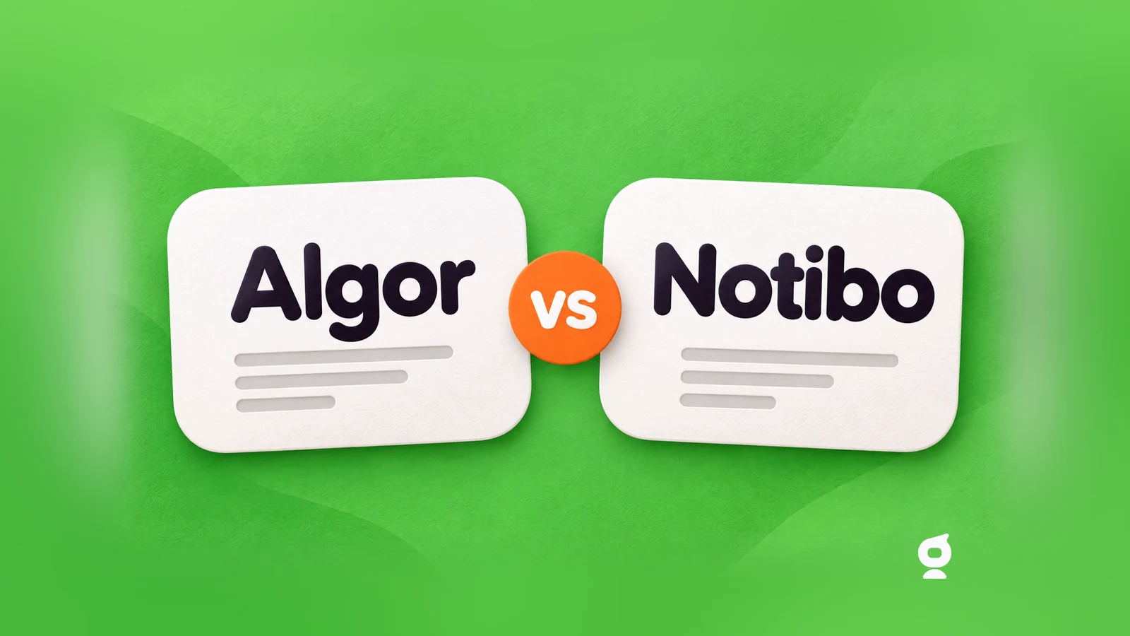 Algor and Notibo on rounded white cards against a green background, with an orange comparison symbol and the original white Algor icon.