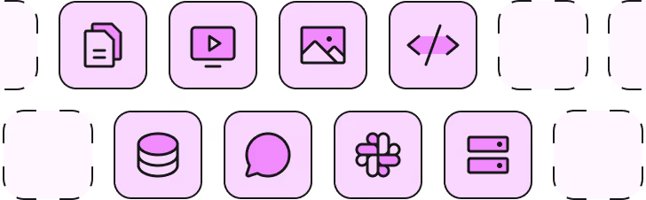 Icons representing documents, video player, image, code, database, chat bubble, Slack logo, and servers, all in pastel purple rounded squares.