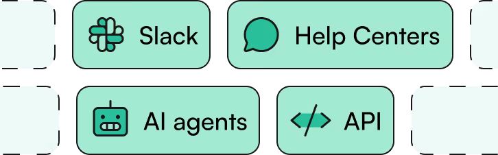 Grid of nine squares with five featuring app icons: speech bubble, Slack, magnifying glass, WhatsApp, robot, and code brackets.