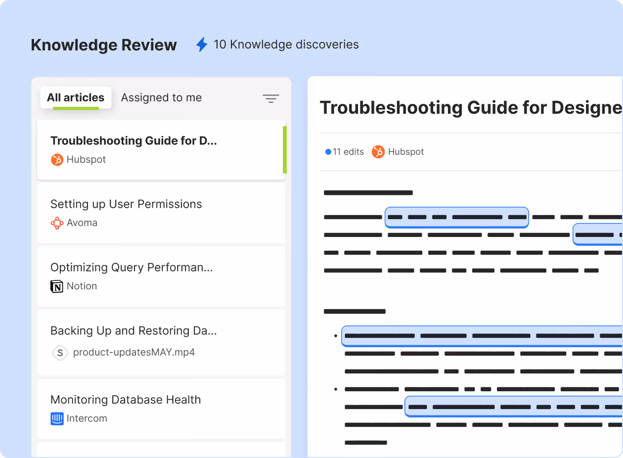 Screenshot of a Knowledge Review interface showing a troubleshooting guide for designers with highlighted text about product demo video, AI-powered answers, admin interface, and article creation instructions.