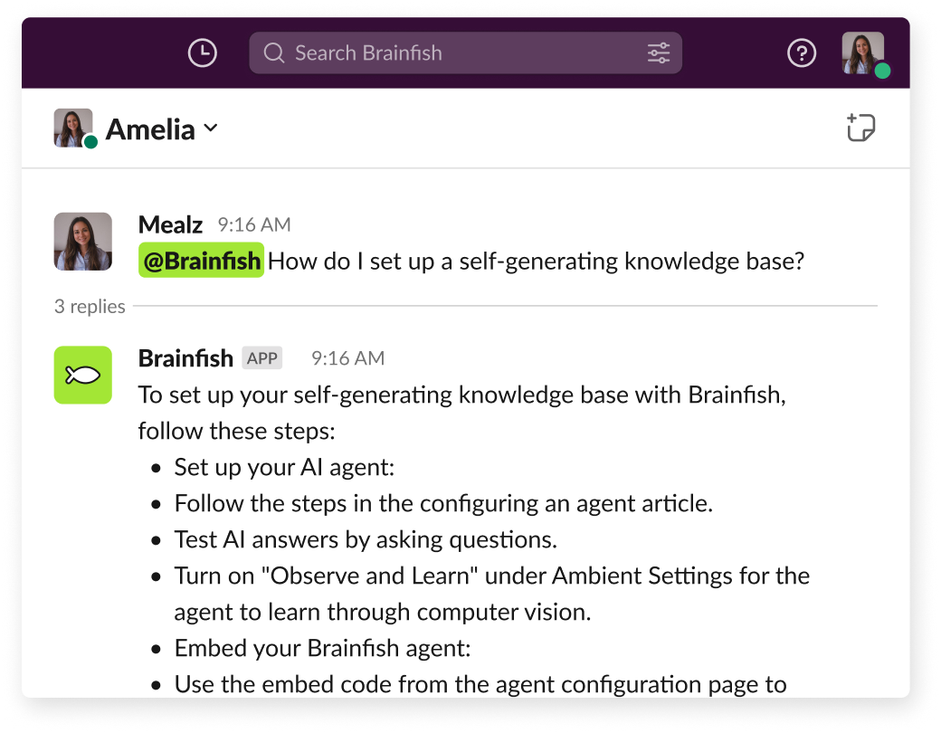 Slack chat interface showing a user asking Brainfish agent how to set up a self-generating knowledge base and Brainfish responding with setup steps.