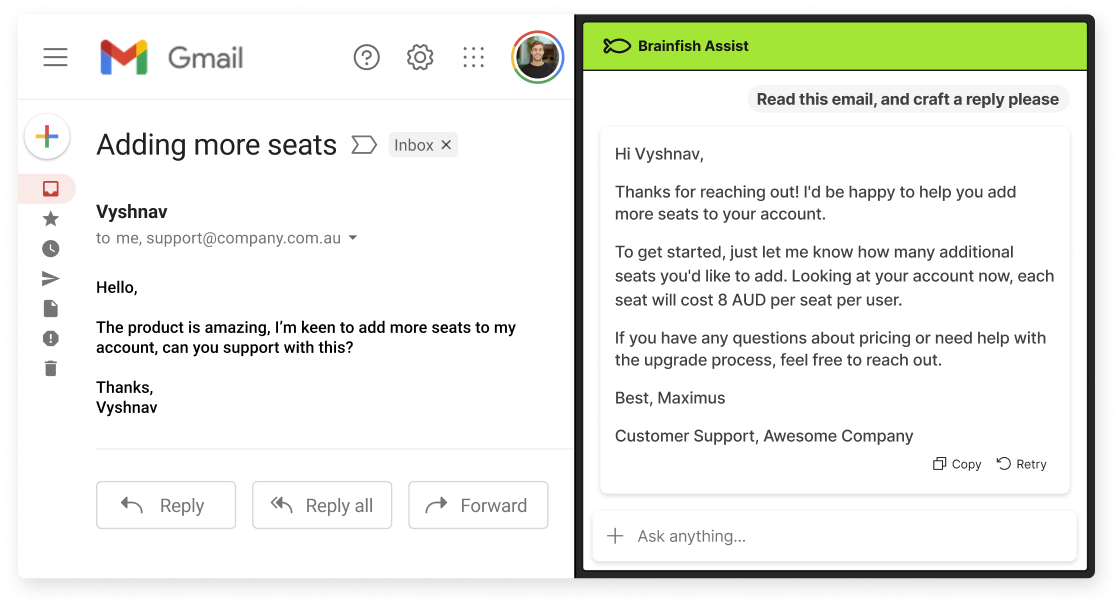 Screenshot showing Brainfish Assist helping draft an email reply in a sidebar next to a Gmail inbox message about adding more seats to an account.