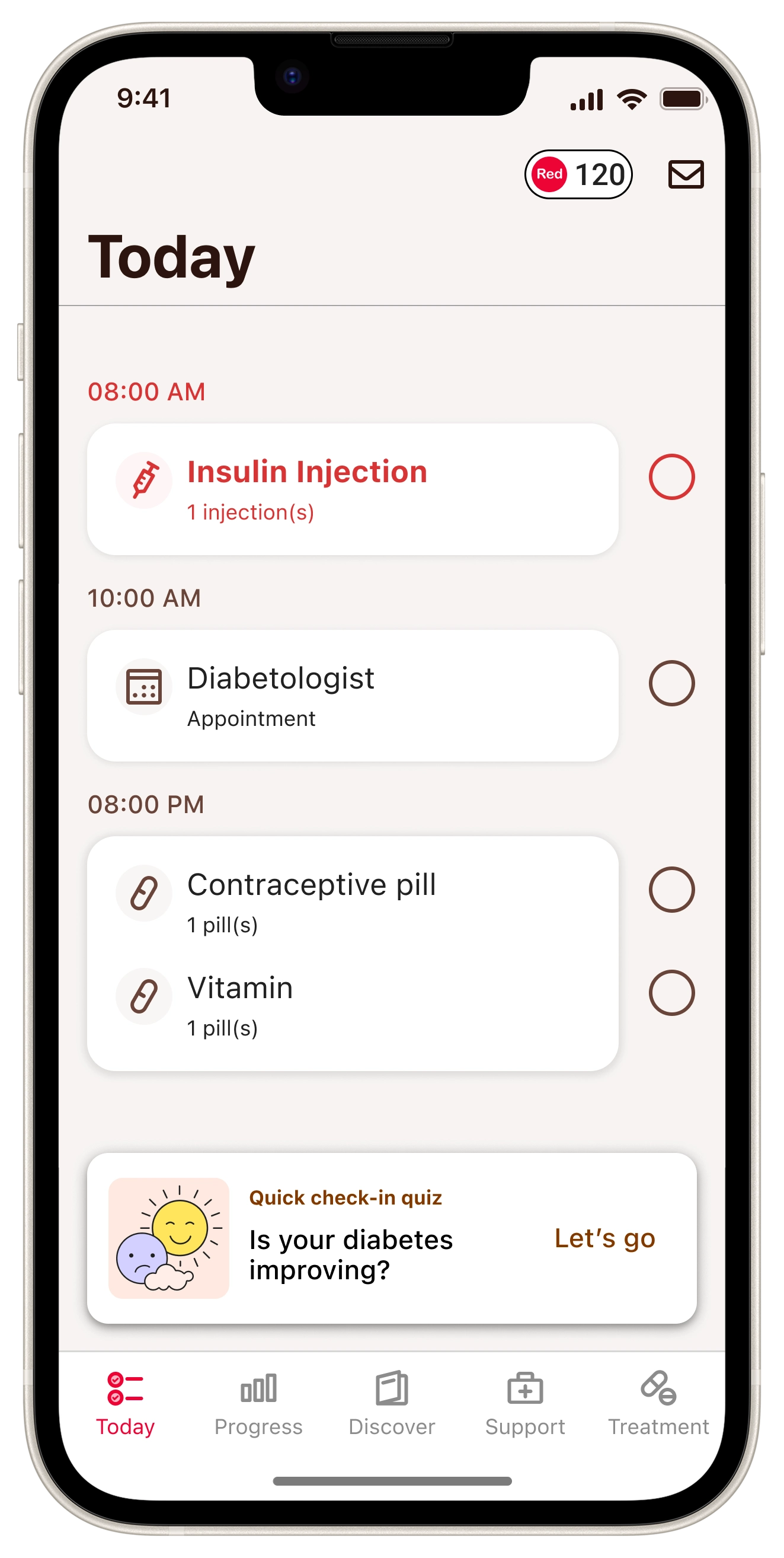 Smartphone screen showing daily health tasks including insulin injection at 8 AM, diabetologist appointment at 10 AM, contraceptive pill and vitamin at 8 PM, and a quick check-in quiz about diabetes improvement.