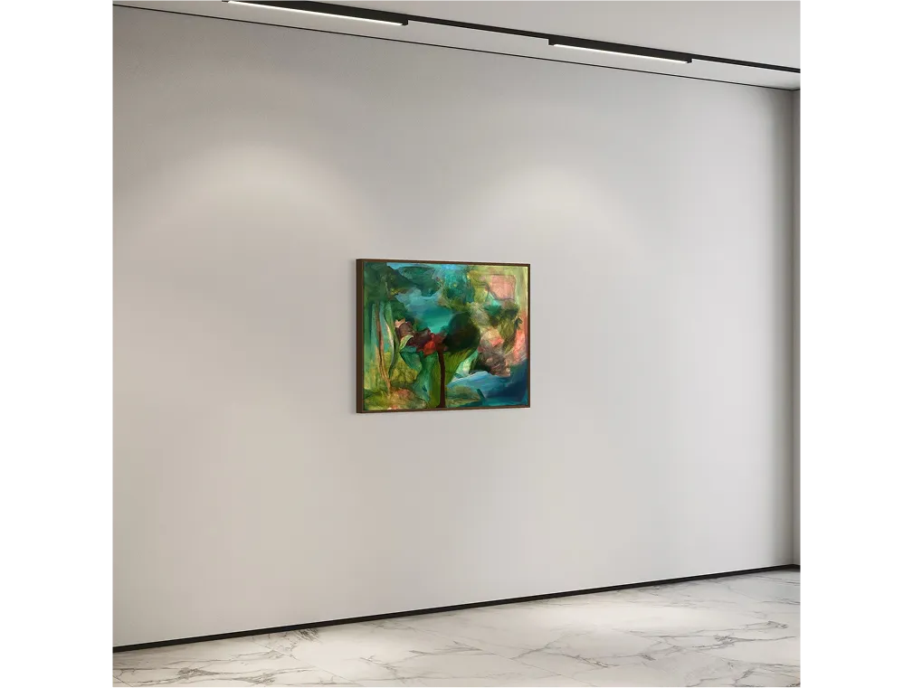 "Blood Pact" framed on a minimalist gallery wall with marble floors and soft spotlighting.