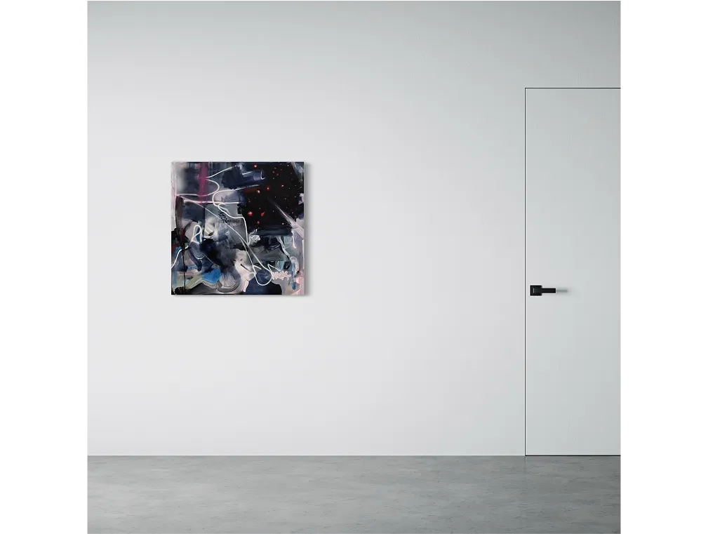 White room with gray floor and closed door. "Black Out Days" painting hangs on the left wall.