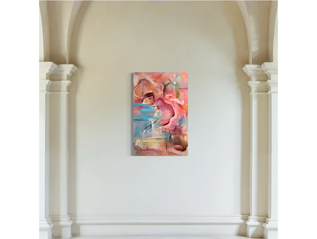 Painting "Synapse" centered between classical arches, displayed on a soft beige wall, lit by natural ambient light.