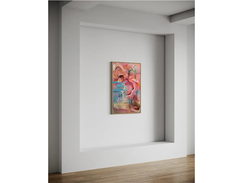 "Synapse" framed in a recessed wall with natural light and warm wood flooring.